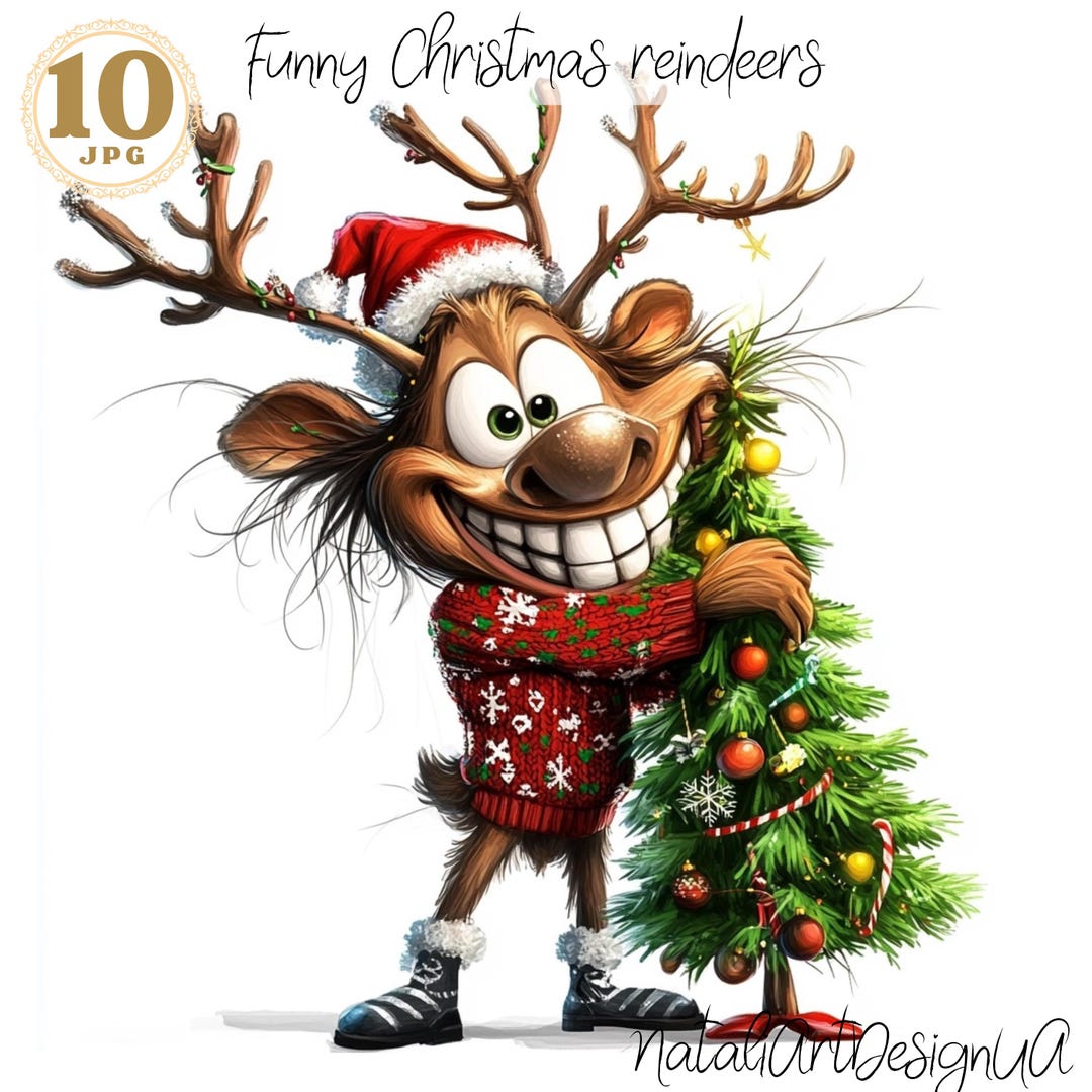 Rentier Clipart, Weihnachten Hirsch Clipart, 10 JPG Winter Clipart Lustige Weihnachtsclipart Lustige Hirsch Comic Hirsch Bilder Urlaub Weihnachtsbaum