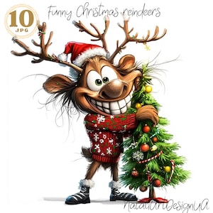 Clipart renne, clipart cerf de Noël, 10 JPG hiver clipart drôle Noël clipart cerf drôle images de cerf de bande dessinée sapin de Noël de vacances