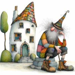 Vieil homme original Clipart 10 haute résolution aquarelle JPG pour journaux indésirables Scrapbooking Carterie en téléchargement numérique Fantasy maison lunatique