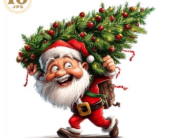 Könnte beinhalten: Ein Cartoon-Weihnachtsmann trägt einen Weihnachtsbaum auf dem Rücken. Er trägt einen roten Anzug mit weißem Bart und einem grünen Gürtel. Der Baum ist mit roten Kugeln geschmückt. Der Hintergrund ist weiß.