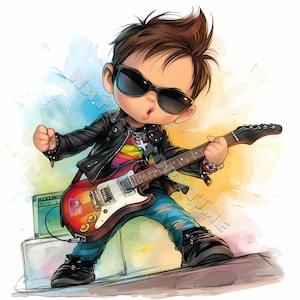 Eigenzinnige gitarist muzikant Clip Art 10 high-res aquarel JPGs Junk Journaling, scrapbooking, kaarten maken, digitale downloadkit, rockster