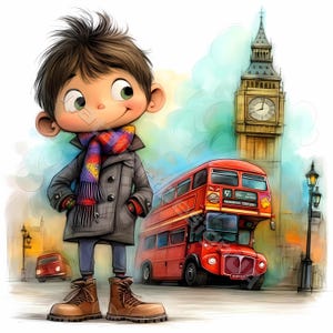 Quirky English boy Clip Art 10 High Res Watercolor JPG Kit per il download digitale di Junk Journaling, Scrapbooking, Card Making Fantasy London