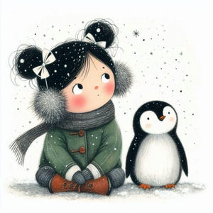 Chica peculiar y pingüino Clipart 9 JPG de acuarela de alta resolución para diarios basura Scrapbooking Fabricación de tarjetas Descarga digital Acuarela de invierno