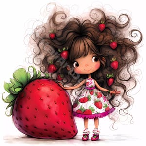 Strawberry girl 10 haute résolution aquarelle JPG, journal indésirable, scrapbooking, fabrication de cartes, kit de téléchargement numérique Fantasy original fruit