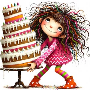 Torta di compleanno ragazza Clipart 10 JPG ad alta risoluzione ad acquerello per diari spazzatura, scrapbooking, creazione di biglietti, download digitale Clipart di compleanno fantasy