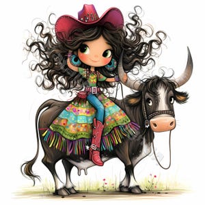 Schruliges Rodeo mit Kuh Clip Art 10 hochauflösende JPGs in Aquarellfarben Junk Journaling, Scrapbooking Kartenherstellung Digitaler Download Kit Fantasy Western