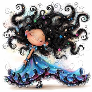 Puede incluir: Una ilustración de dibujos animados de una niña con el pelo largo y negro rizado decorado con estrellas de colores. Lleva un vestido azul y morado con un dobladillo con volantes y estrellas. El vestido fluye detrás de ella mientras baila.