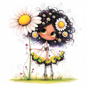 Fille marguerite lunatique Clip Art 10 JPG aquarelles haute résolution, journal indésirable, scrapbooking, fabrication de cartes, kit de téléchargement numérique, fantaisie original