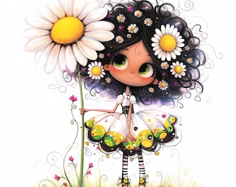 Whimsical daisy girl Clip Art 10 High Res Watercolor JPGs Junk Journaling, Scrapbooking, Card Making, Digital Download Kit, Fantasy quirky
