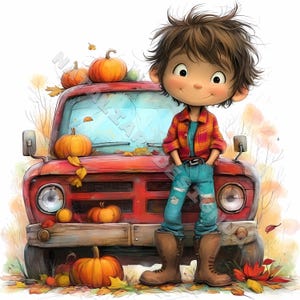 Garçon de camionnette automne Clip Art 10 haute résolution aquarelle JPG indésirable journalisation Scrapbooking fabrication de cartes Kit de téléchargement numérique fantaisie original