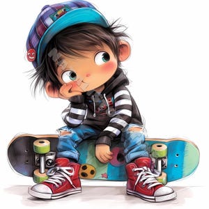 Skateur original Clip Art 10 JPG aquarelles haute résolution, journal indésirable, scrapbooking, fabrication de cartes Kit de téléchargement numérique Skateboard fantastique