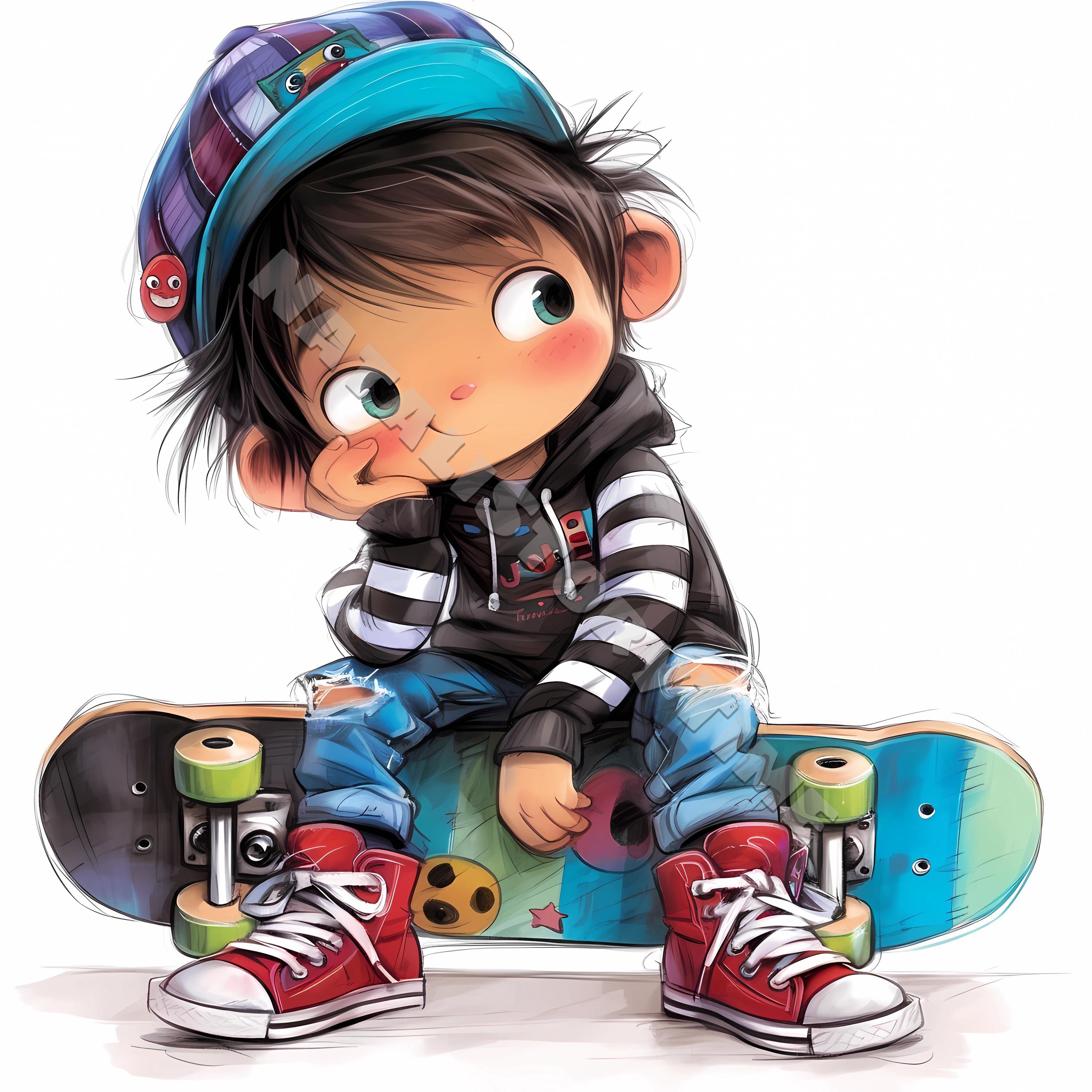 Quirky skater Clip Art 10 High Res Watercolor JPGs Junk Journaling, Scrapbooking, Card Making Digital Download Kit Fantasy Skateboard