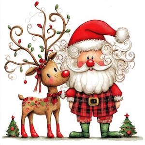 Santa com rena Clipart 10 JPGs de aquarela de alta resolução para diários de lixo Scrapbooking Cartão Fazendo Kit de download digital Fantasia Caprichosa