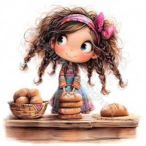 Fille de pain original Clip Art 10 JPG aquarelles haute résolution, journalisation indésirable, scrapbooking, fabrication de cartes, kit de téléchargement numérique Fantasy cuisine rustique