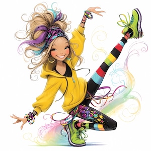 Fille danse hip hop Clip Art 10 JPG aquarelles haute résolution, journal indésirable, scrapbooking, fabrication de cartes, kit de téléchargement numérique, danseuse cool