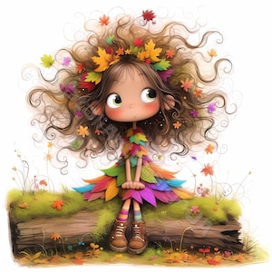 Fille automne originale Clip Art 10 JPG aquarelles haute résolution courrier indésirable Scrapbooking fabrication de cartes Kit de téléchargement numérique Fantasy lunatique automne