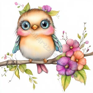 Pájaro peculiar en rama Clipart 10 JPG de acuarela de alta resolución para diarios basura Scrapbooking Fabricación de tarjetas Descarga digital Fantasía Caprichosa