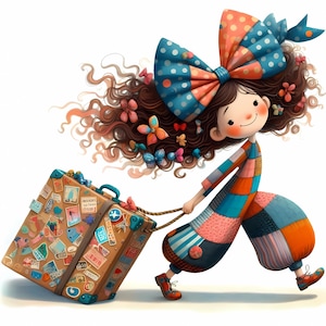 Ragazza viaggiatrice eccentrica Clipart 10 JPG ad alta risoluzione in acquerello per diari spazzatura, scrapbooking, creazione di biglietti, download digitale, viaggio fantasy, turista