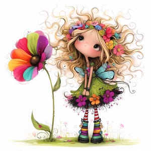 Clip Art de niña hada de las flores, 10 archivos JPG de acuarela de alta resolución para scrapbooking, tarjetas, kit de descarga digital, fantasía caprichosa
