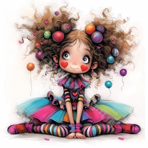 Clown gezicht meisje Clip Art 10 high-res aquarel JPGs ongewenste journaling, scrapbooking, kaarten maken, digitale downloadkit, grappig meisje kunstenaar