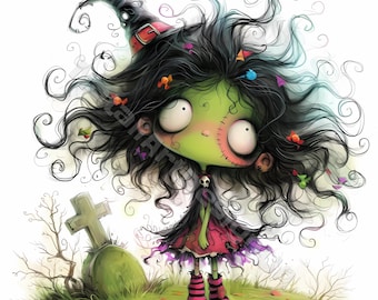 May include: A green-skinned cartoon witch with black hair and a purple dress stands in front of a tombstone with a cross. She is wearing a black witch hat with a red band and black and pink striped stockings.
