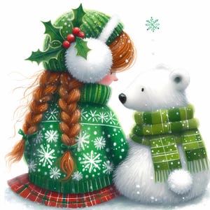 Eisbär und Mädchen Clipart 10 hochauflösende Aquarell JPGs für Junk Journals Scrapbooking Kartenherstellung Winter Aquarell schrullig Weihnachten Mädchen