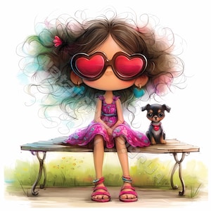 Chica peculiar con perro Clip Art 10 JPG de acuarela de alta resolución Diario basura, Scrapbooking, Fabricación de tarjetas, Kit de descarga digital Fantasía caprichosa