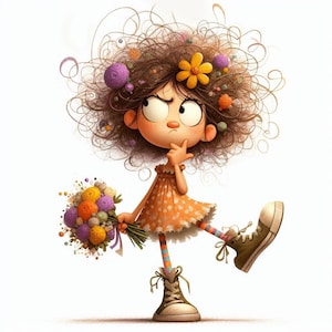 Quirky girl with flowers Clipart 10 High Res Watercolor JPGs for Junk Journals Scrapbooking Card Making Digital Download Fantasy funny girl