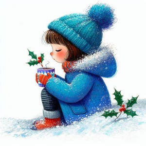 Puede incluir: Una ni&ntilde;a peque&ntilde;a con un gorro y un abrigo de invierno azules se sienta en la nieve, sosteniendo una taza de chocolate caliente. Sonr&iacute;e y mira un tallo de acebo con bayas rojas.