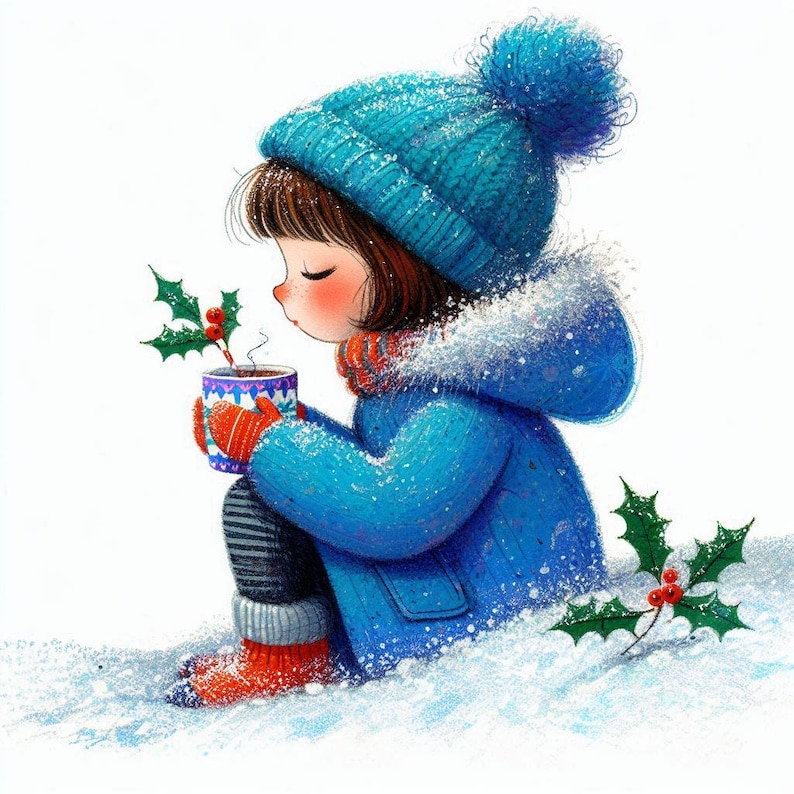 Puede incluir: Una ni&ntilde;a peque&ntilde;a con un gorro y un abrigo de invierno azules se sienta en la nieve, sosteniendo una taza de chocolate caliente. Sonr&iacute;e y mira un tallo de acebo con bayas rojas.
