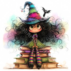 Petite fille sorcière Clip Art 10 haute résolution aquarelle JPG indésirable journalisation Scrapbooking fabrication de cartes Kit de téléchargement numérique Fantasy automne Halloween