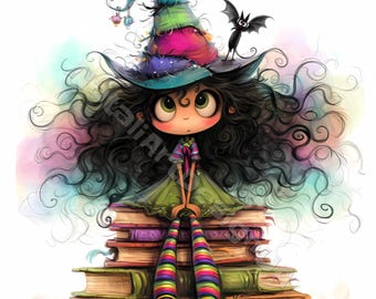 Pequena bruxa Clip Art 10 Alta Resolução Aquarela JPG Junk Journaling Scrapbooking Cartão Fazendo Kit Digital Download Fantasia Outono Halloween
