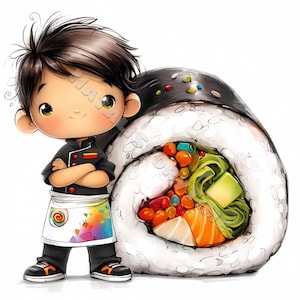 Maestro de sushi peculiar Clipart 10 Alta resolución Acuarela JPG Revistas basura Scrapbooking Creación de tarjetas Descarga digital Fantasía Chef de sushi caprichoso