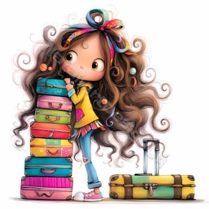 Ragazza viaggiatrice eccentrica Clipart 10 JPG ad alta risoluzione in acquerello per diari spazzatura, scrapbooking, creazione di biglietti, download digitale, viaggio fantasy, turista
