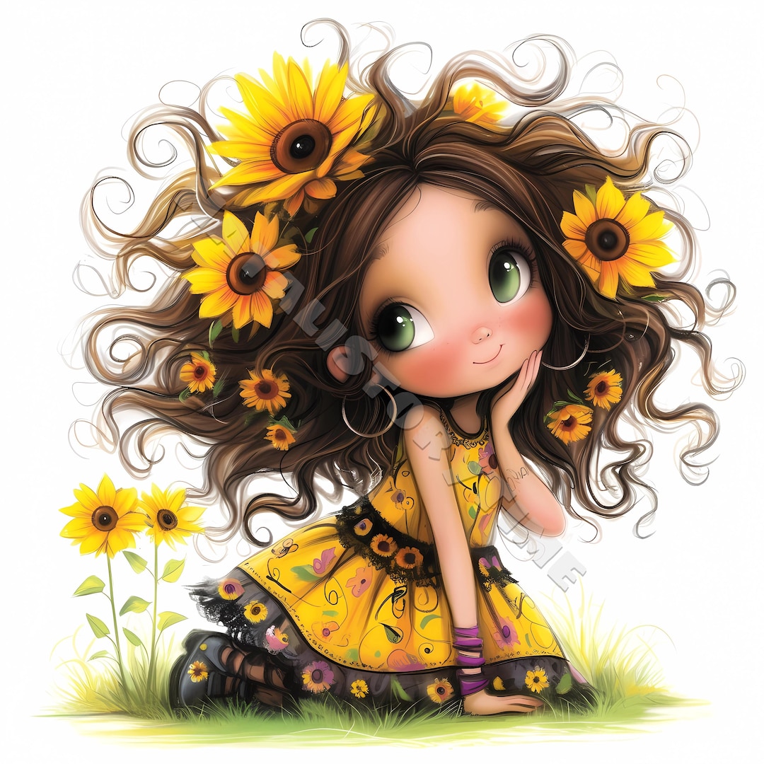 Whimsical Sunflower Girl Clip Art 10 High Res Watercolor Jpgs Junk ...