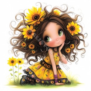 Fille tournesol lunatique Clip Art 10 JPG aquarelles haute résolution, journal indésirable, scrapbooking, fabrication de cartes, Kit de téléchargement numérique, fantaisie