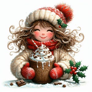 Chica con chocolate caliente Clipart 10 JPG de acuarela de alta resolución para diarios basura Scrapbooking Fabricación de tarjetas Descarga digital Acuarela de invierno