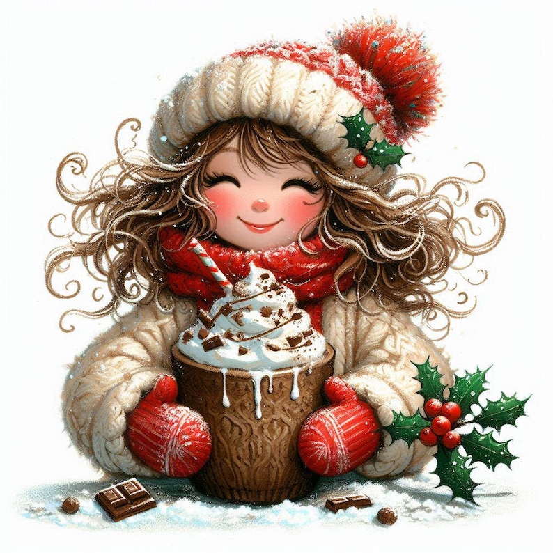 Puede incluir: Una ni&ntilde;a con un gorro de punto blanco y rojo con una rama de acebo, una bufanda roja y un su&eacute;ter blanco sostiene una taza de chocolate caliente cubierto con crema batida y virutas de chocolate.