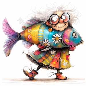 Clipart 10 haute résolution aquarelle JPG pour grand-mère pêcheuse originale pour journaux indésirables Scrapbooking fabrication de cartes en téléchargement numérique Fantasy lunatique