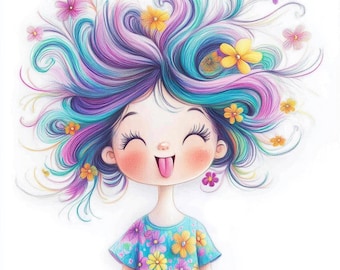 Girl with flowers hair Clipart 10 High Res Watercolor JPGs for Junk Journals Scrapbooking Card Making Digital Download Fantasy