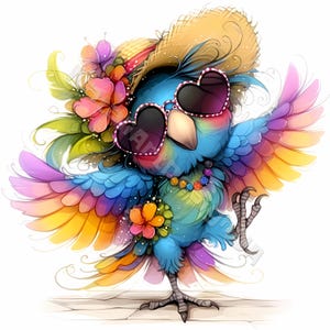 Clip art original de perroquet d'été 10 fichiers JPG aquarelle haute résolution pour journaux indésirables Scrapbooking Carterie en téléchargement numérique Fantasy oiseau tropical