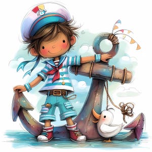Clip Art de niño marinero peculiar 10 archivos JPG de acuarela de alta resolución Kit de descarga digital para creación de tarjetas, álbumes de recortes y diarios basura Imágenes prediseñadas de fantasía Mar