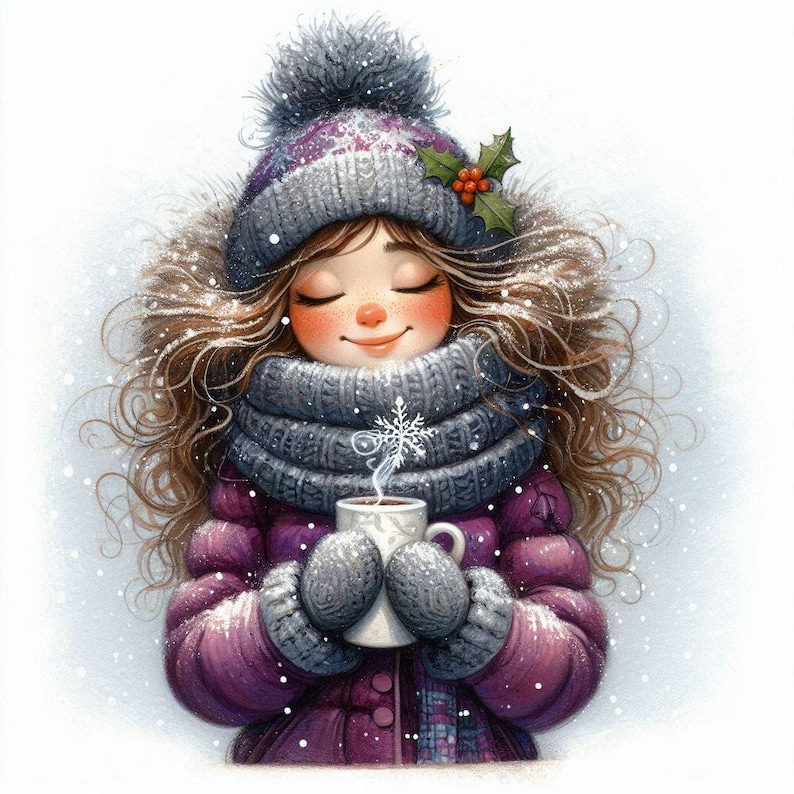 Puede incluir: Una ni&ntilde;a con el pelo largo y casta&ntilde;o lleva un abrigo de invierno morado, un gorro de punto gris con un pomp&oacute;n blanco y una bufanda gris. Sostine una taza blanca con un dise&ntilde;o de copo de nieve y vapor que sale de ella.