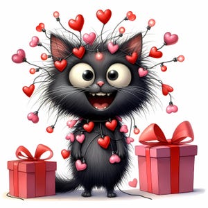 Chat noir de la Saint-Valentin Clipart 10 JPG aquarelle haute résolution pour journaux indésirables Scrapbooking carte téléchargement numérique Fantasy love clipart
