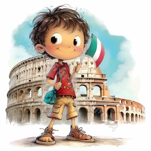 Garçon italien original Clip Art 10 haute résolution aquarelle JPG indésirable journalisation, scrapbooking, fabrication de cartes en téléchargement numérique Kit Fantasy Rome clipart