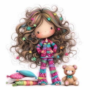 Quirky girl in pajamas Clipart 10 High Res Watercolor JPG for Junk Journals Scrapbooking Card Making Digital Download Fantasy Whimsical