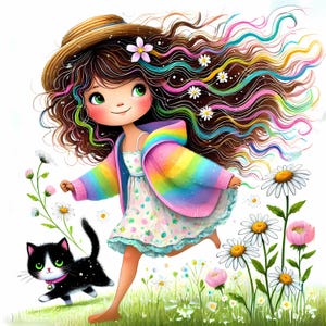 Chica de primavera con gato Clipart 10 JPG de acuarela de alta resolución para revistas basura Scrapbooking Fabricación de tarjetas Descarga digital Fantasía Caprichosa