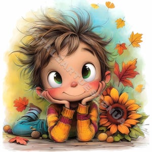 Garçon automne original Clip Art 10 haute résolution aquarelle JPG indésirable journalisation Scrapbooking Carterie en téléchargement numérique Kit Fantasy automne lunatique