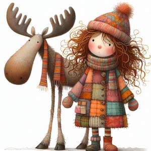 Fille originale avec élan 10 Clipart aquarelle haute résolution JPG pour journaux indésirables Scrapbooking Carterie hiver téléchargement numérique