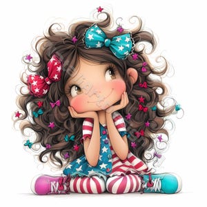 Fille américaine décalée Clip Art 10 JPG aquarelles haute résolution courrier indésirable, scrapbooking, fabrication de cartes, téléchargement numérique Fantasy 4 juillet